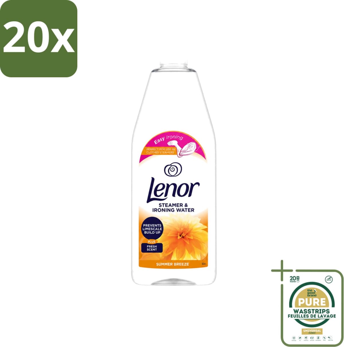20 x Lenor - Strijkwater - Summer Breeze - Textielverfrisser - 1000 ml - Wasstrips - Strijkwater Summer Breeze - Textielverfrisser - Zomerse Geur - Frisheid - Kledingverfrisser — afbeelding 1
