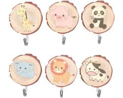 Haken 6 Stuks - Zelfklevende Houten Dierenhaken - Wandhaken voor Kleding/Sleutels/Hoeden - Kindvriendelijk/Milieuvriendelijk - Maximaal 2,5 kg Belastbaar - Kinderhaken