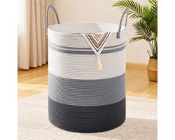 Katoenen Touw Wasmand Extra Groot 45.5cm x 61cm - Opvouwbare Opbergmand met Handvat - Voor Wasgoed, Dekens en Speelgoed - 100L Verloop grijs