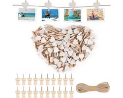Set van 100 Hartvormige Witte Mini Kledingknijpers met 20 m Jute Touw en 20 Foto Naalden, Ideaal voor het Ophangen van Foto's, Postkaarten en Decoraties