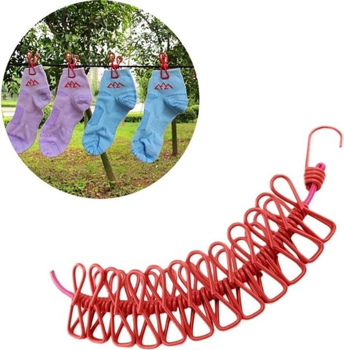Reis Waslijn - Draagbare Kledinglijn - Kleding Drogen - Met Klemmen - 3 Meter - Rood — afbeelding 1