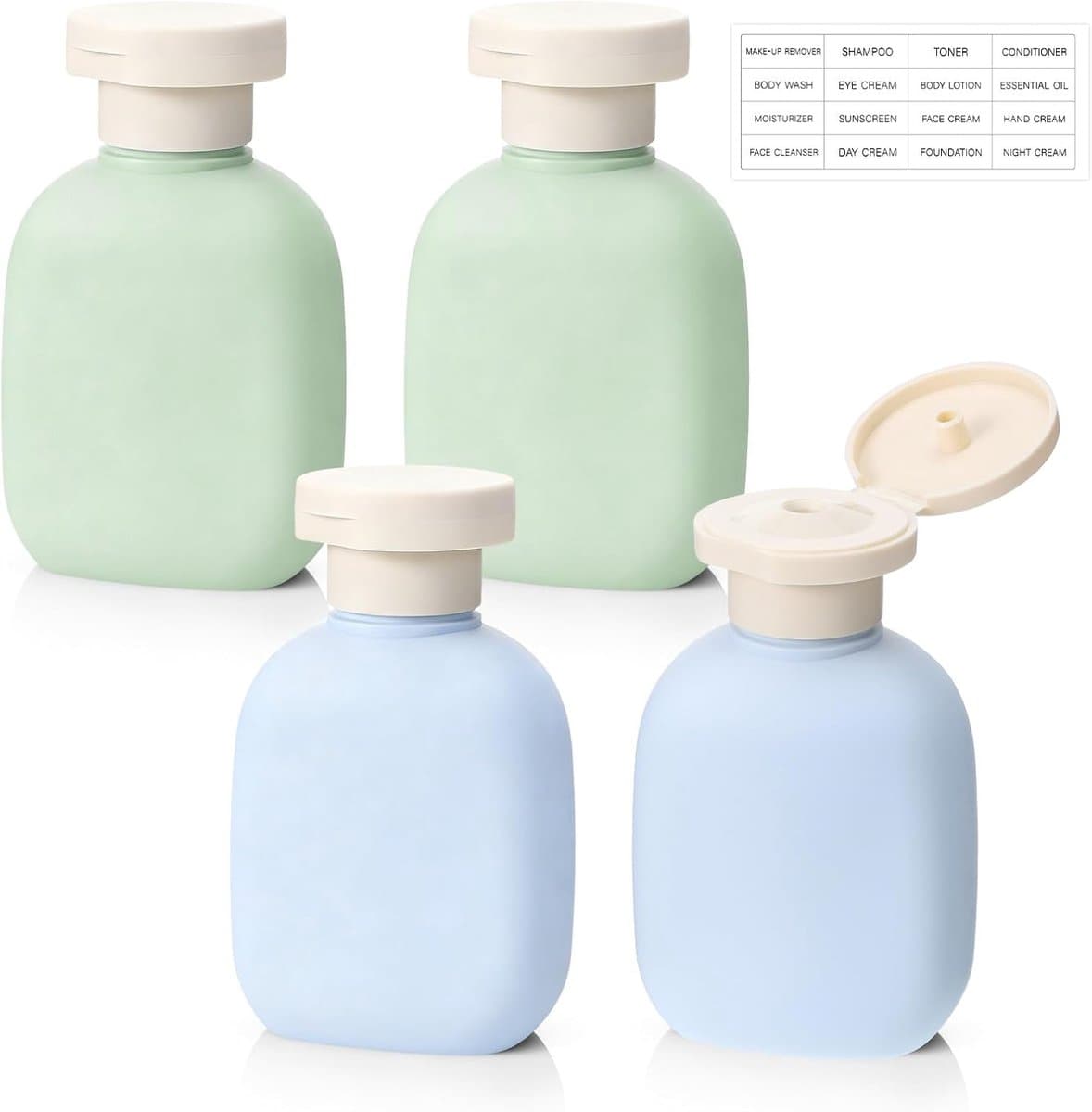 3.4 oz Plastic Kleine Reisshampoo Flessen, 4-Pack Lege Hervulbare Lekvrije Knijpflessen met Draaikoppeling voor Toiletartikelen Conditioner Lotion Crèmes Lichaamswas, Inclusief Etiketten (Groen, Blauw — afbeelding 1
