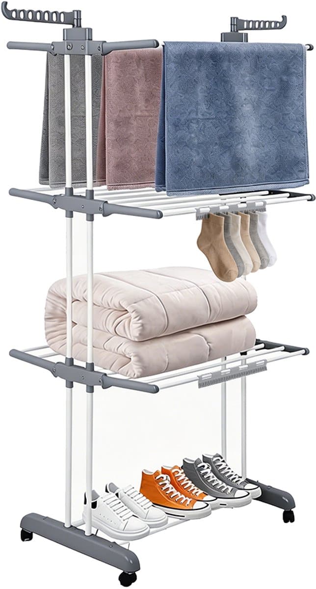 PIPIPOXER- Wasrek Inklapbaar-Droogrek-Staand Droogrek Inklapbaar-Met 3 sokkenclips-Wastoren-Ruimtebesparend Wasrek -75x49x170 CM-Ecologisch Was Drogen- grijsachtig wit — afbeelding 1