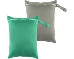 2 stuks natte tas, vuile waszak voor op reis, grote natte tas, reiswaszak, waterdichte zwemtas, tas voor natte zwemkleding 30 * 40cm (grijs/groen)