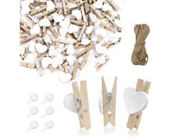 SnelShoppen - Andiker Mini Houten Clips met Jute Touw, 50 Stuks Decoratieve Klemmen voor Foto's, Kaarten, Bruiloften en Feestjes, Natuurlijke Houtkleu