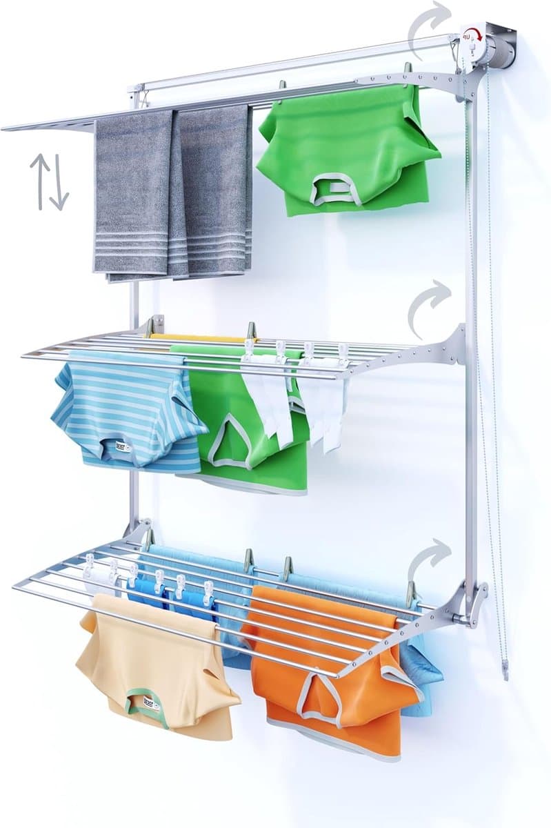 Wanddroger Toren - Kledingrek Uitschuifbaar - Was Drogen - Handige Kettingbediening - 128 cm Hoog - Grijs — afbeelding 1