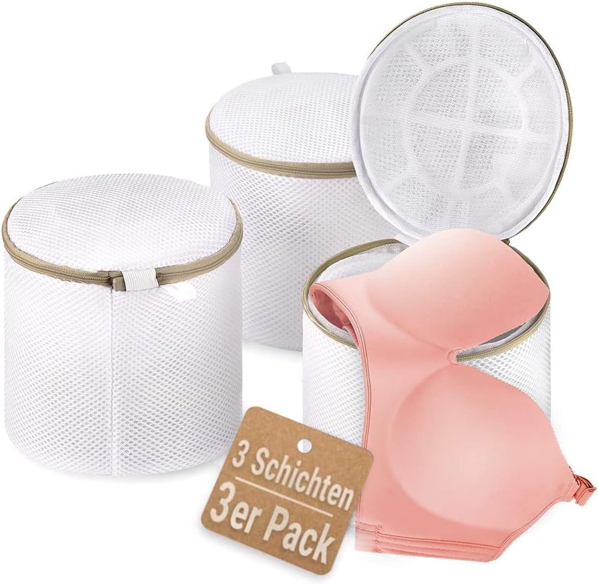 Wasnetjes met ritssluiting - Wit - 17 x 17 x 17 cm - Polyester Waszakken voor Ondergoed - 3 Stuks — afbeelding 1