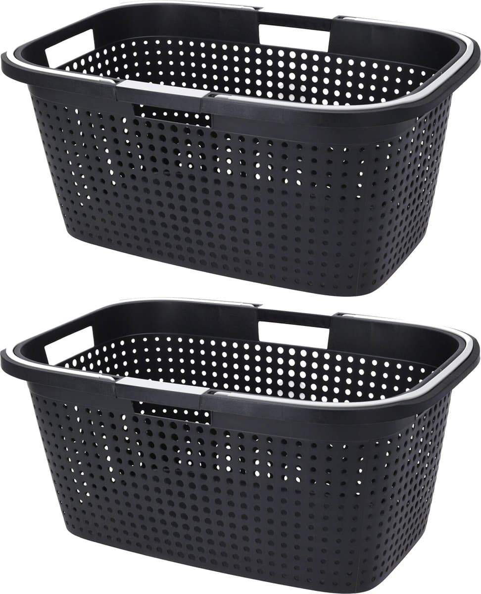 Excellent Houseware Wasmand - 2x - antraciet grijs - 38L - kunststof - 60 x 40 x 26 cm — afbeelding 1