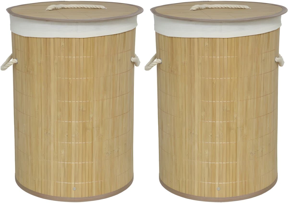 Gerimport Wasmand van bamboe Irka - 2x - 48 liter - D35 x 50 cm - met deksel / binnenvoering - opvouwbaar — afbeelding 1