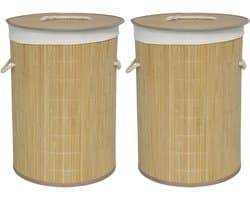 Gerimport Wasmand van bamboe Irka - 2x - 48 liter - D35 x 50 cm - met deksel / binnenvoering - opvouwbaar