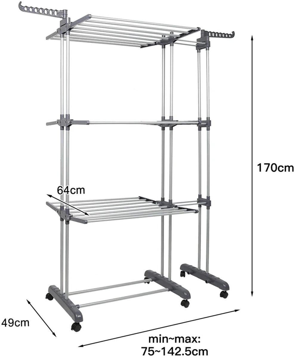 LUMÉ STORE Droogrek - Droogtoren - Wasrek - XL - 3 Niveaus - 6 Vleugels - Uitschuifbaar - Wielen - Opvouwbaar - 75-142cm - Grijs — afbeelding 1