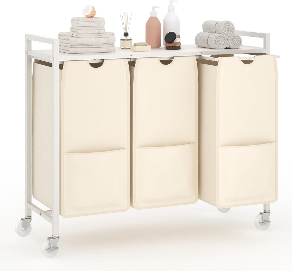 Wasmand met 3 uittrekbare oxfordzakken, legplank, metalen frame en wieltjes, wit 84x30x76,5cm, verrijdbaar voor badkamer en slaapkamer — afbeelding 1