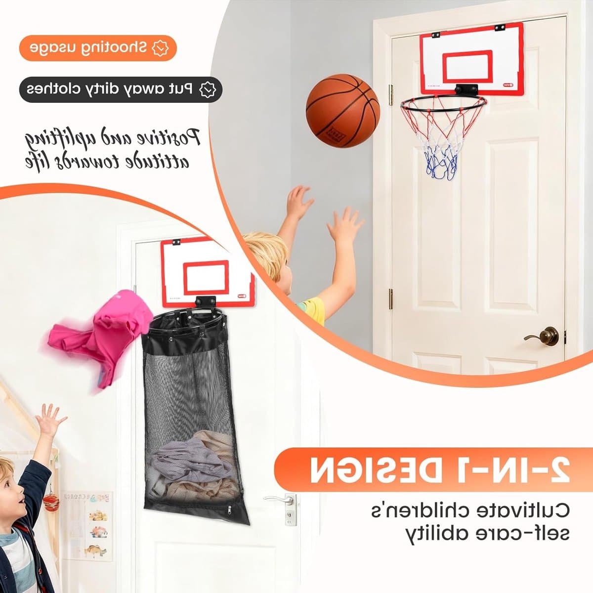 Wasmand voor basketbal, ophangbare waszak met ritssluiting, ideaal voor slaapkamer, badkamer en bijkeuken, zonder boren, 2-in-1 design, multifunctioneel en praktisch — afbeelding 1