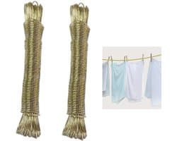 2 stuks - waslijn - Verdikte stalen draad - Waslijn voor het drogen van kleding en beddengoed - 2 mm * 20 m - Goudgeel - Hoog draagvermogen - Draagbaar - Geschikt voor thuis, in de tuin, op het balkon, op de camping
