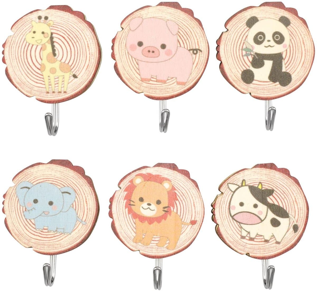 Allecto - Zelfklevende haken - Schattige kinderhaken - Milieuvriendelijk hout - Cartoon dieren - Voor kleding en handdoeken - 6 stuks — afbeelding 1