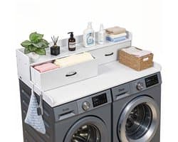 Werkblad/bovenblad voor wasmachine en droger - Met opbergruimte - Afmeting 137 x 69,9 cm - Plank, 2 lades en haken - Draagvermogen 113 kg - Voor wasruimte/linnenkast - Wit