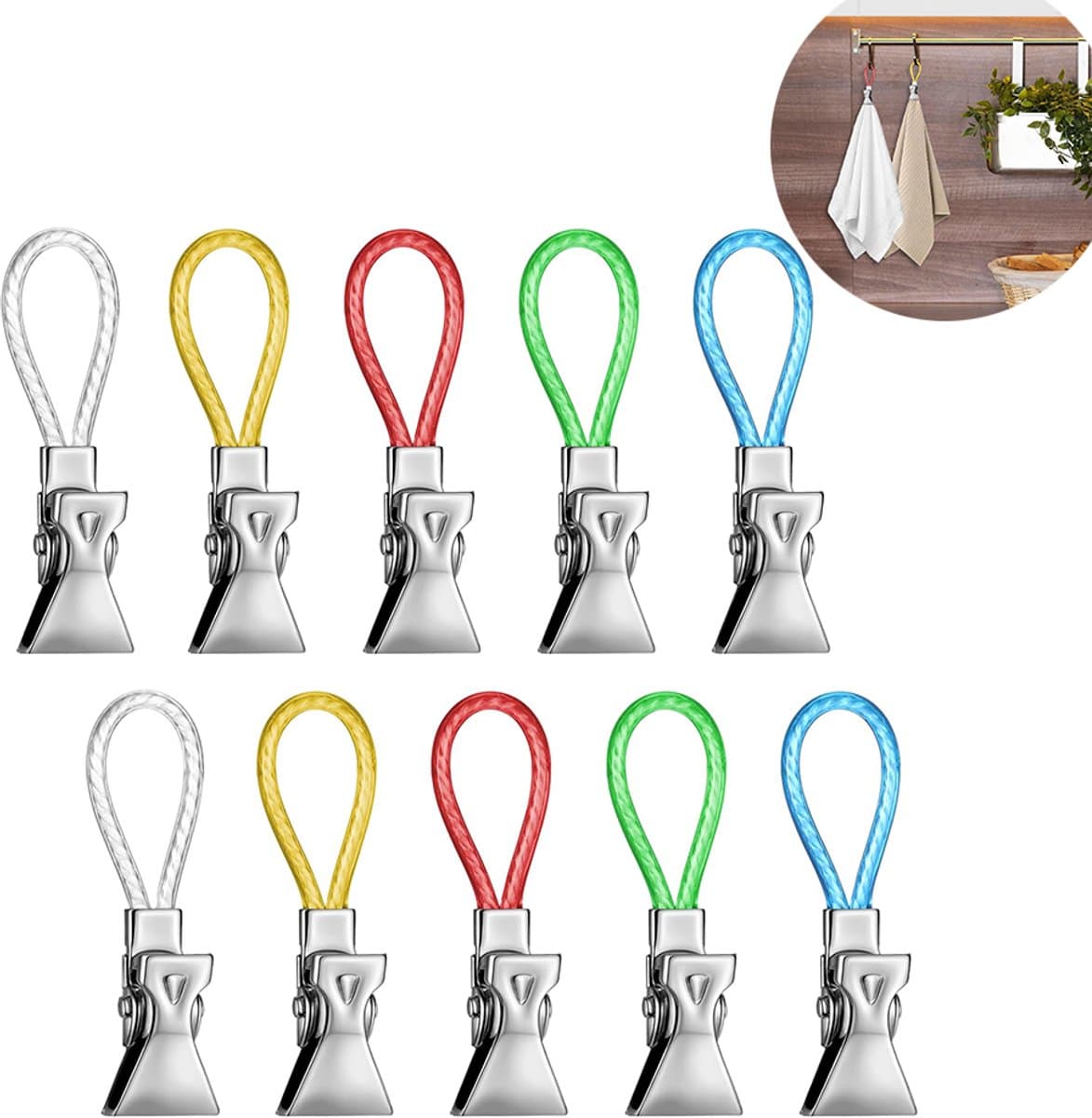 10 stuks metalen clips - theedoekclips - metalen hangende handdoekenclips - veelkleurige keukenhanddoekhangclips - voor thuis/ keuken/ badkamer/ kasten - Willekeurige kleur — afbeelding 1