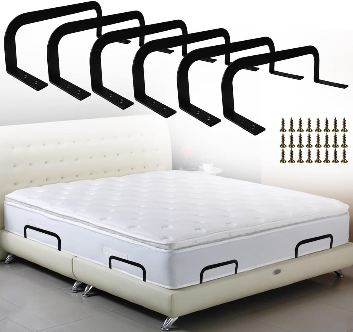 6 matrasbevestigingsstangen en matrasglijpluggen om te voorkomen dat matrashoezen verschuiven en om te voorkomen dat de meeste zachte matrassen verschuiven. — afbeelding 1