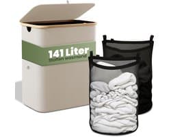 Nince Wasmand - 2 Vakken - 141L - Met Deksel - Wassorteerder - Uitneembare Waszakken - Bamboe - Opvouwbaar - Beige — afbeelding 1