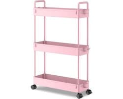 3-Tier Slide-out Slim Rolling Utility Cart Mobiele Opslag Rekken Organizer voor Keuken Badkamer Wasruimte Slaapkamer - Roze Plastic Wasmachine rek