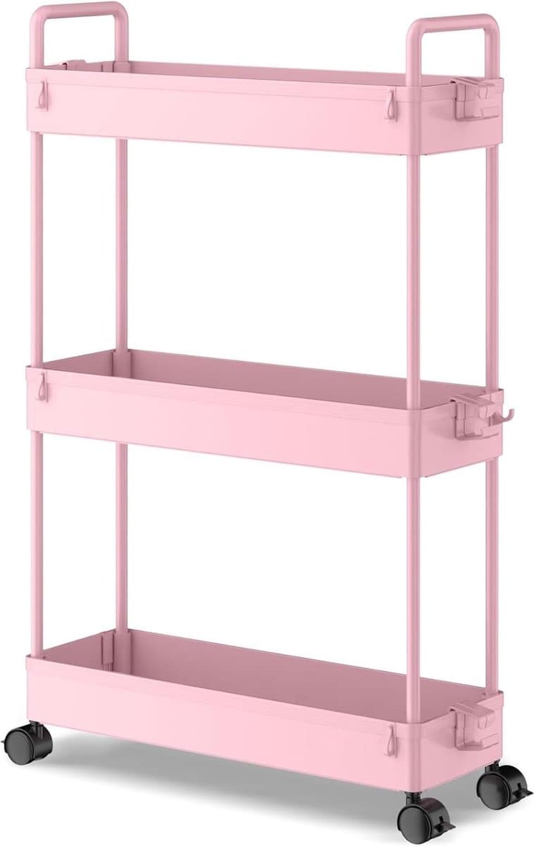 3-Tier Slide-out Slim Rolling Utility Cart Mobiele Opslag Rekken Organizer voor Keuken Badkamer Wasruimte Slaapkamer - Roze Plastic Wasmachine rek — afbeelding 1