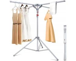 Opvouwbaar Kledingrek - Inklapbaar Droogrek - Staand Kleding Wasdroogrek - Driepoot Wasrek - Droogtoren met 4 Armen - Ruimtebesparend - Max. 80 kg - Verstelbaar Hoogte 130-180 cm - Voor Balkon & Terras & Veranda