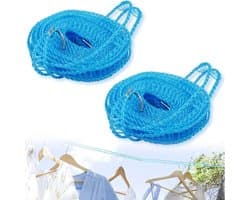 2 stuks kledinglijnen, waslijn, antislip elastisch touw, nylon waslijn, draagbare waslijnen, winddichte outdoor waslijn, voor reizen, camping, tuin (blauw)
