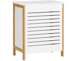 Nyoz wasmand met deksel - Wasbox - Waskast - 50 x 30 x 60 cm - MDF en Bamboe - 80 kg draagvermogen - Wit - Met opbergruimte