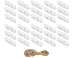 Mini Houten Wäscheklammern 3,5 cm - 50 Stuks in Diverse Kleuren met Jutestreng