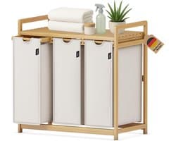 3 vakken 148L Met planken | grote vierkante wasverzamelaar van bamboe, wasbox, visueel aantrekkelijke wassorteerder in 77.5X41.3X77.5 CM grijs
