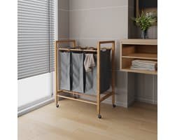 HAUSS SPOLE Wasmand - 3 Vakken En Wielen - 83 x 62 x 40 cm - Bamboe En Stof - Houtkleur En Antraciet - Was Sorteren In Huis