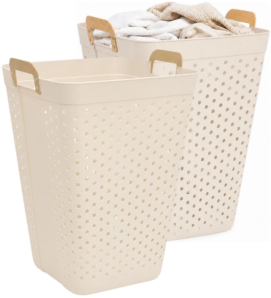 5Five zeer ruime wasmand Kolos - 2x - beige - 74 liter - 44 x 64 cm - kunststof - wasbox - mand voor wasgoed - badkamer - met handvatten — afbeelding 1