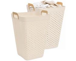 5Five zeer ruime wasmand Kolos - 2x - beige - 74 liter - 44 x 64 cm - kunststof - wasbox - mand voor wasgoed - badkamer - met handvatten
