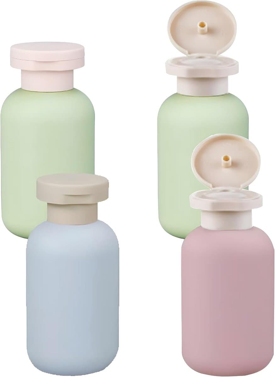 4 stuks reisflessen, reiscontainer, 100 ml, reisfles voor vliegtuig met zelfklevend etiket voor draagbare reisflessen, shampoodispenser voor handen — afbeelding 1