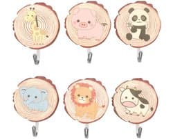 Haken 6 Stuks - Zelfklevende Houten Dierenhaken - Wandhaken voor Kleding/Sleutels/Hoeden - Kindvriendelijk/Milieuvriendelijk - Maximaal 2,5 kg Belastbaar - Kinderhaken