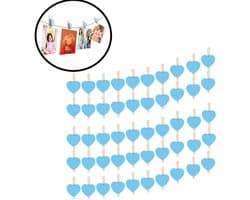 50-stuks Clips - Houten clips - Mini clips - Fotoclips - Hartvormige mini wasknijpers - Mini houten hartvormige wasknijpers - 1.5×3×0.5cm - Geschikt voor foto's, paperclips, zelfgemaakte Valentijnskaarten, tekeningen, scrapbooks, enz. - Blauw