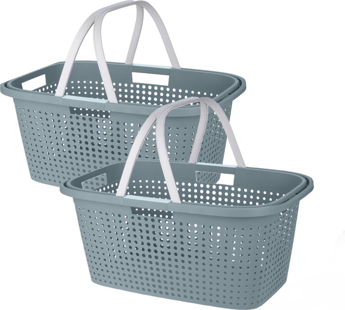 Wasmand met hengsel - 2x stuks - 38 liter - 60 cm - groen/wit - Draagwasmanden - Wasgoedmand - Mand met handvatten — afbeelding 1