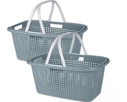 Wasmand met hengsel - 2x stuks - 38 liter - 60 cm - groen/wit - Draagwasmanden - Wasgoedmand - Mand met handvatten