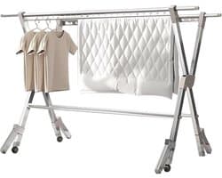 Droogrek Verstelbaar - Kledingrek Staand - Was Drogen - Met Wielen - 250cm Lengte - Zilver