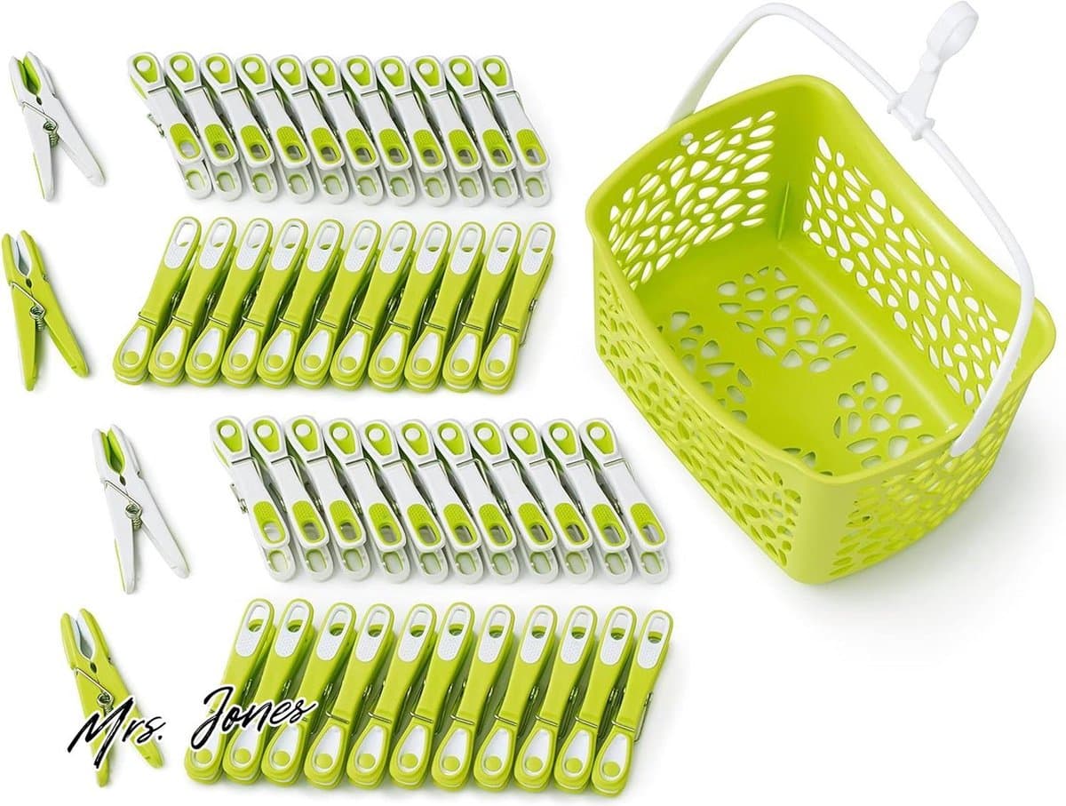 Mrs. Jones Premium wasknijpers 48 stuks groen-wit-groen mand groen handvat wit . — afbeelding 1