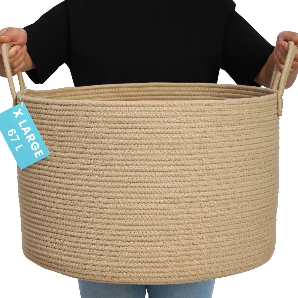 OrganiHaus Ronde Geweven Mand, Geweven Wasmand, Grote Opbergmand, Opbergmand voor Kinderkamer, Opbergmand voor Dekens, Kussens en Speelgoed, Opvouwbaar met Handvat - 50x33cm, Honing — afbeelding 1