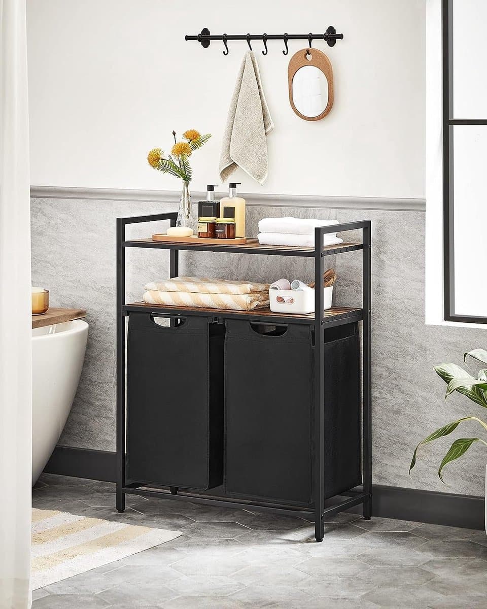 Bobbel Home - Wasmand - 2 vakken - 2 planken - Metalen frame - Bruin & Zwart — afbeelding 1