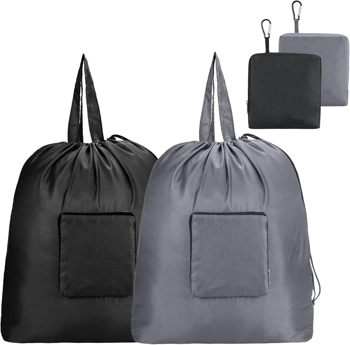 2 Stuks - Reis Waszakken - Opvouwbare Waszak voor op Reis - Wasbare Waszak met Trekkoord en Handvat - voor Studentenhuisvesting, Reizen, Kamperen - Zwart en Grijs (51*57 CM) — afbeelding 1