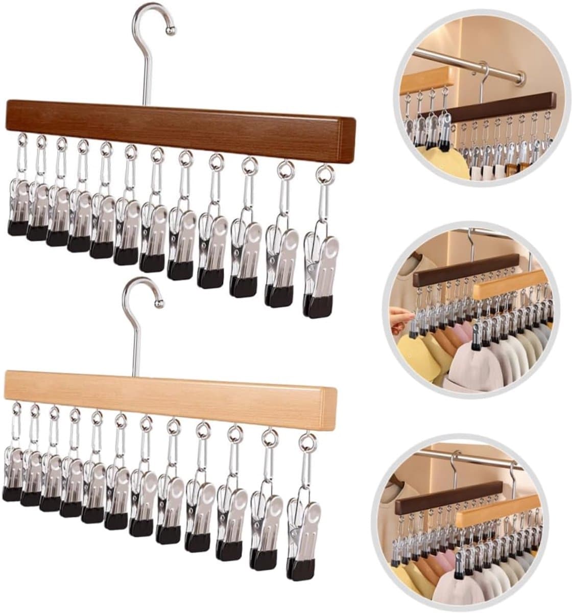 2 stuks - Droogrek - met 12 clips - Kledingrek met meerdere clips - Opbergrek - Hout - Droogrek - Geschikt voor sjaals, sokken en baseballpetten - Ruimtebesparend - Handige opbergruimte in de kast - 38 x 1,5 x 21 cm - Natuurlijk hout, bruin — afbeelding 1