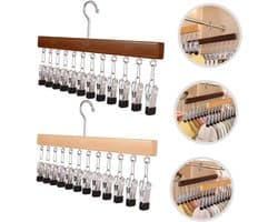 2 stuks - Droogrek - met 12 clips - Kledingrek met meerdere clips - Opbergrek - Hout - Droogrek - Geschikt voor sjaals, sokken en baseballpetten - Ruimtebesparend - Handige opbergruimte in de kast - 38 x 1,5 x 21 cm - Natuurlijk hout, bruin