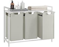 VASAGLE - Wasmand - 114 liter - 3 compartimenten - wasmeubel / wasverzamelaar met plank - Oxford-stof - verwijderbaar metalen frame - 3 x 38 L - 92,5 x 33 x 72 cm - wit