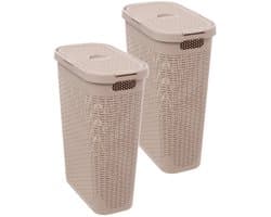 5Five Smalle Wasmand met deksel Rotan - 2x - beige - gevlochten kunststof - 40 liter - 26 x 46 x 60 cm