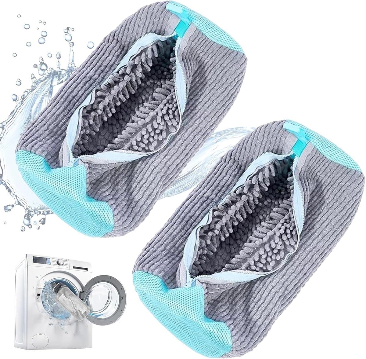2 dikke waszakken voor de wasmachine, grijs, anti-vervorming, herbruikbaar, 360°-reiniging, met verborgen ritssluiting, voor gymschoenen, gaasdoek — afbeelding 1