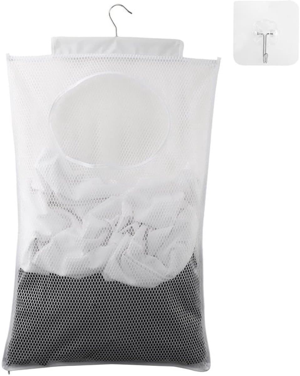 Duurzame waszak - Op te hangen wasmand - Doorzichtige mesh-polyester - Wit - Zelfklevende haken - Perfect voor organisatie - Ideaal voor... — afbeelding 1