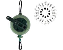 Uittrekbare waslijn - 1 Stuk- Extra lang 10m touw - Draagbare reiswaslijn - Sterke waslijn - Onzichtbare waslijn - Met 20 wasknijpers + 10 stoppers + 1 opbergtas - Met praktische zwengel - Ideaal voor kamperen en reizen - groen - 20*10*4.5cm